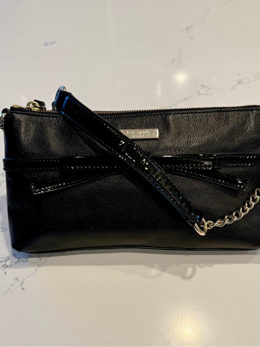 kate spade Black Leather Wristlet with Patent Trim and Chain Accent